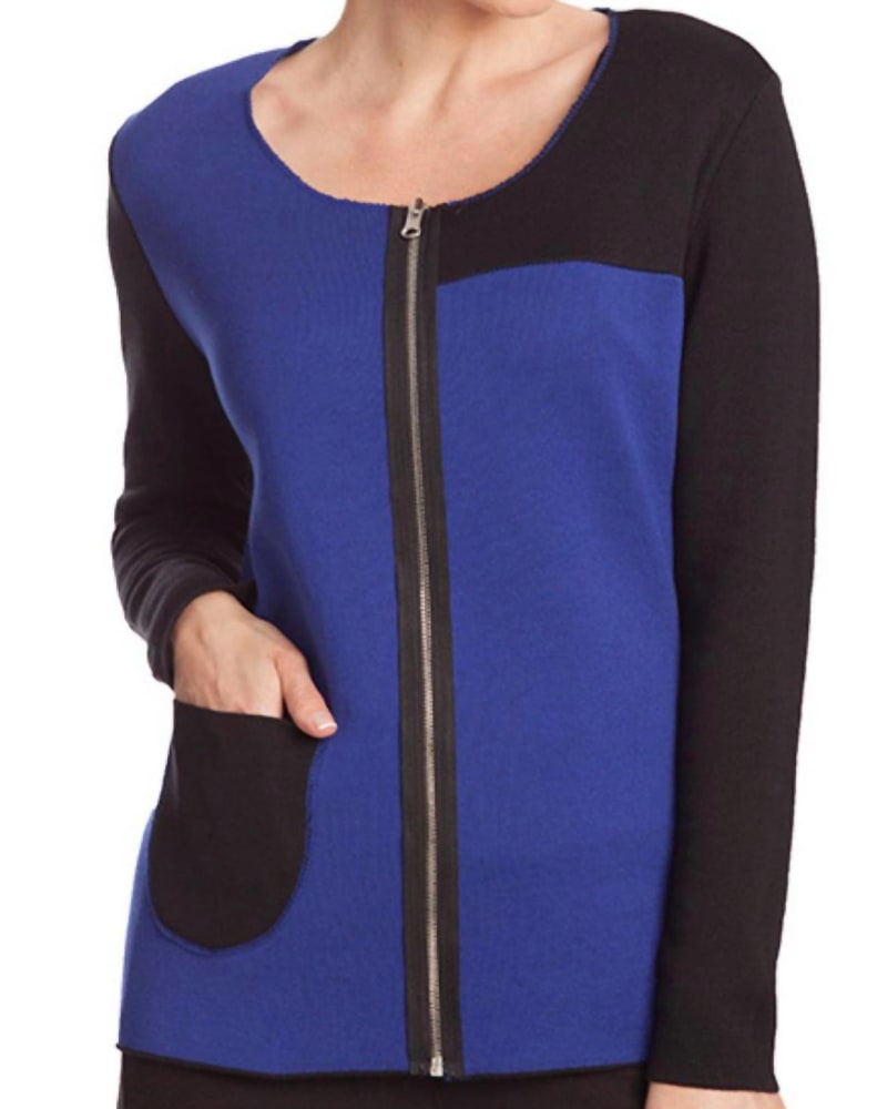 Front of a model wearing a size XL Stitch Detail Reversible Cardigan in Black/Cobalt in Black/Cobalt by ANGEL. | dia_product_style_image_id:326767